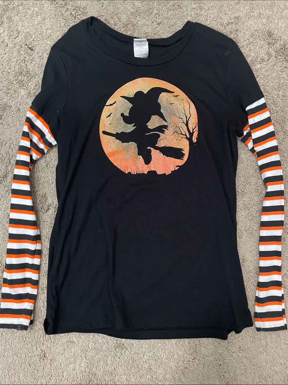 Disney Black Long Sleeve Tee with Orange Glitter Moon and Striped Sleeves